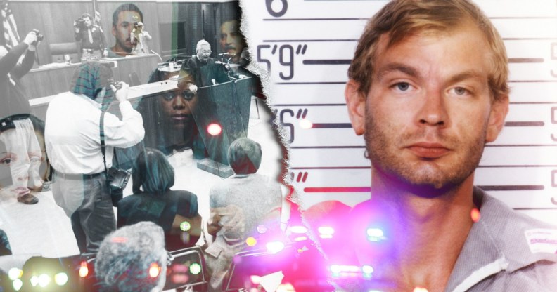 Jeffrey Dahmer's mugshot and a photo from inside court during his trial