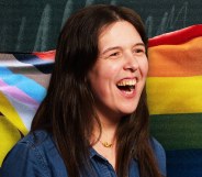 A photo of comedian Rosie Jones laid over a photo of an progress Pride flag