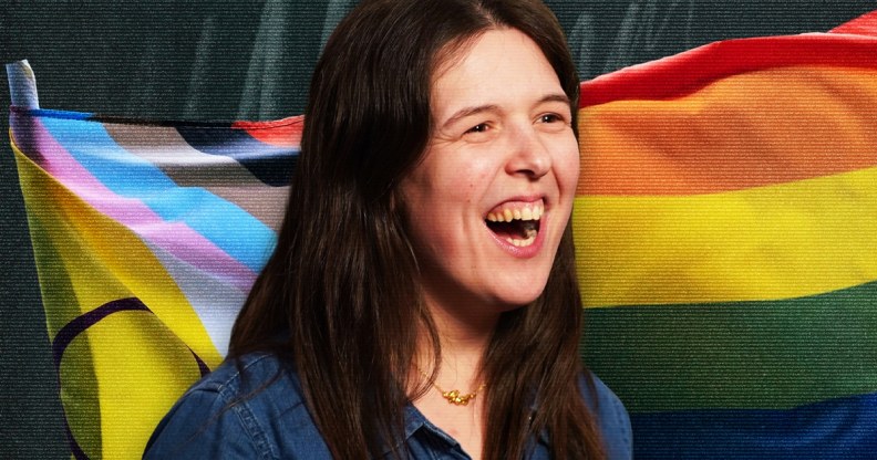 A photo of comedian Rosie Jones laid over a photo of an progress Pride flag
