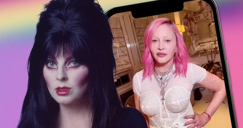 A cut-out image of Elvira superimposed next to an image of Madonna's TikTok clip