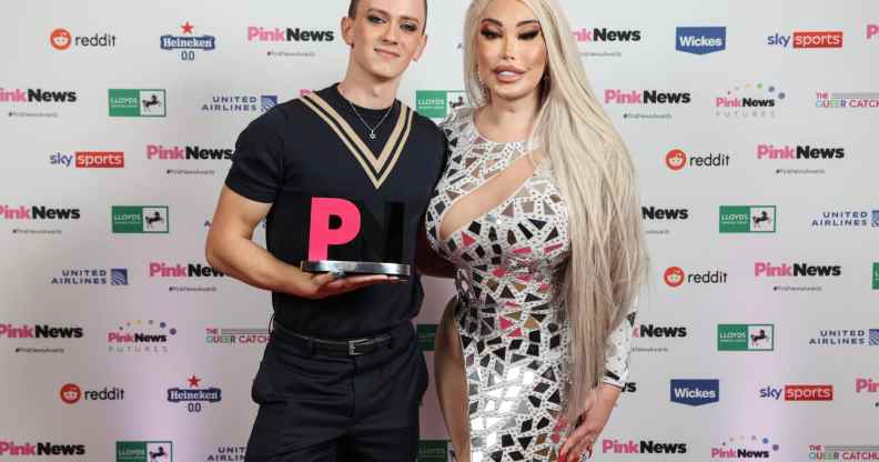 Matt Bernstein and Jessica Alves pose for a photo at the 2022 PinkNews Awards
