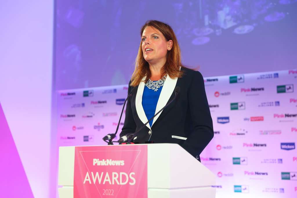 Tory MP Caroline Nokes speaks at the 2022 PinkNews Awards.