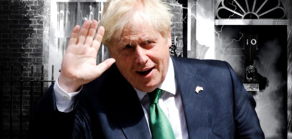 Boris Johnson against an edited raining background with No 10 Downing Street in the background.