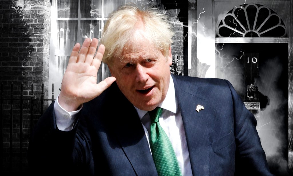 Boris Johnson against an edited raining background with No 10 Downing Street in the background.