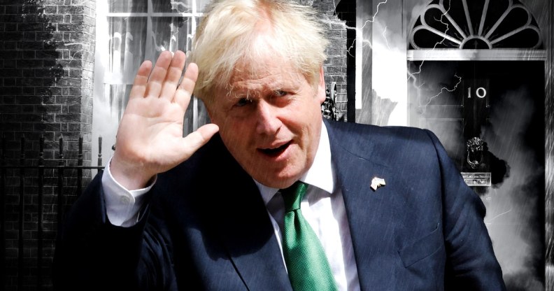 Boris Johnson against an edited raining background with No 10 Downing Street in the background.