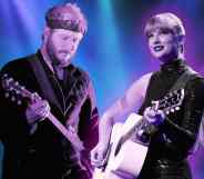 A graphic with images of music stars Justin Vernon and Taylor Swift superimposed in front of colourful spotlights. (Getty)