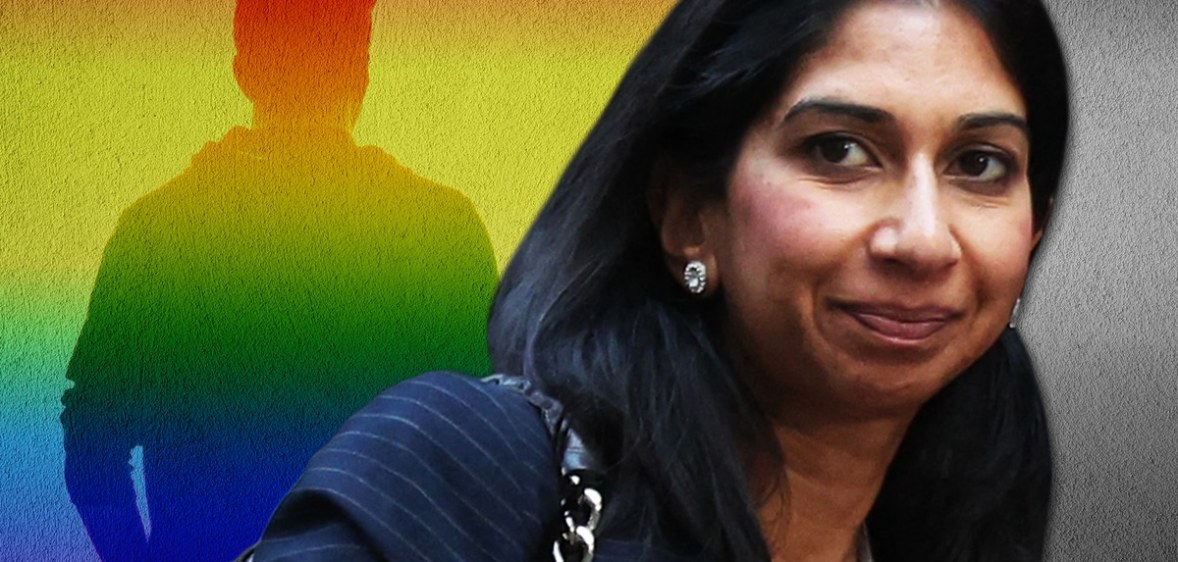 An image showing a man in rainbow colours with his back turned on the left with Suella Braverman pictured on the right.