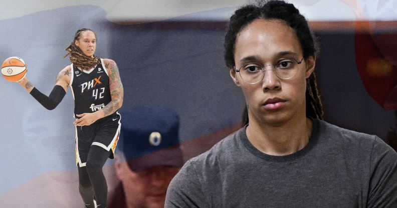 A graphic depicting Brittney Griner as she played for the WNBA team Phoenix Mercury and another image of her appearing before a Russia court