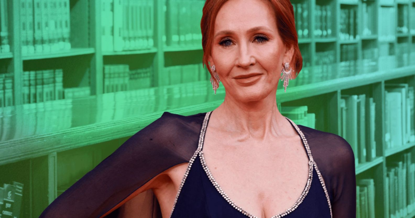 A graphic composed of an image of JK Rowling, who is wearing a dark dress with a cape, in front of a picture of books washed in a green colour
