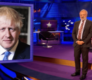 Graham Norton appears next to a picture of Boris Johnson during the opening monologue on his Graham Norton Show commenting on the Tory leadership race