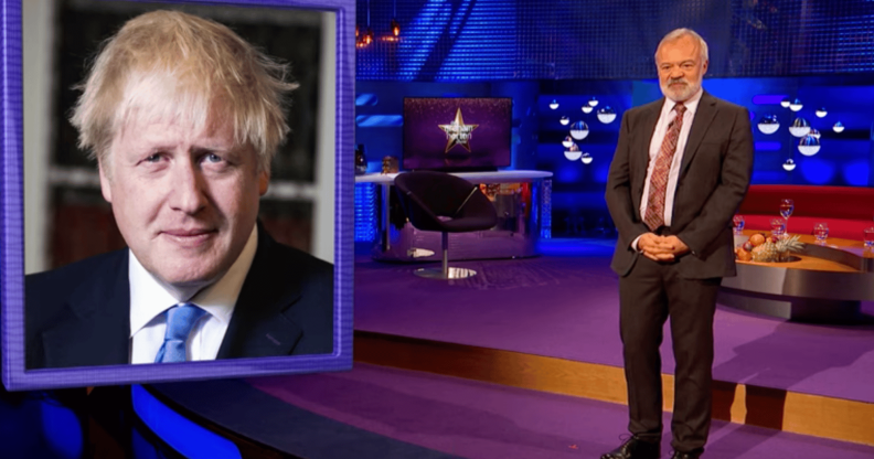 Graham Norton appears next to a picture of Boris Johnson during the opening monologue on his Graham Norton Show commenting on the Tory leadership race