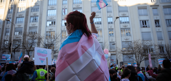 A person wears a trans Pride flag and waves a matching flag in their hand during a protest