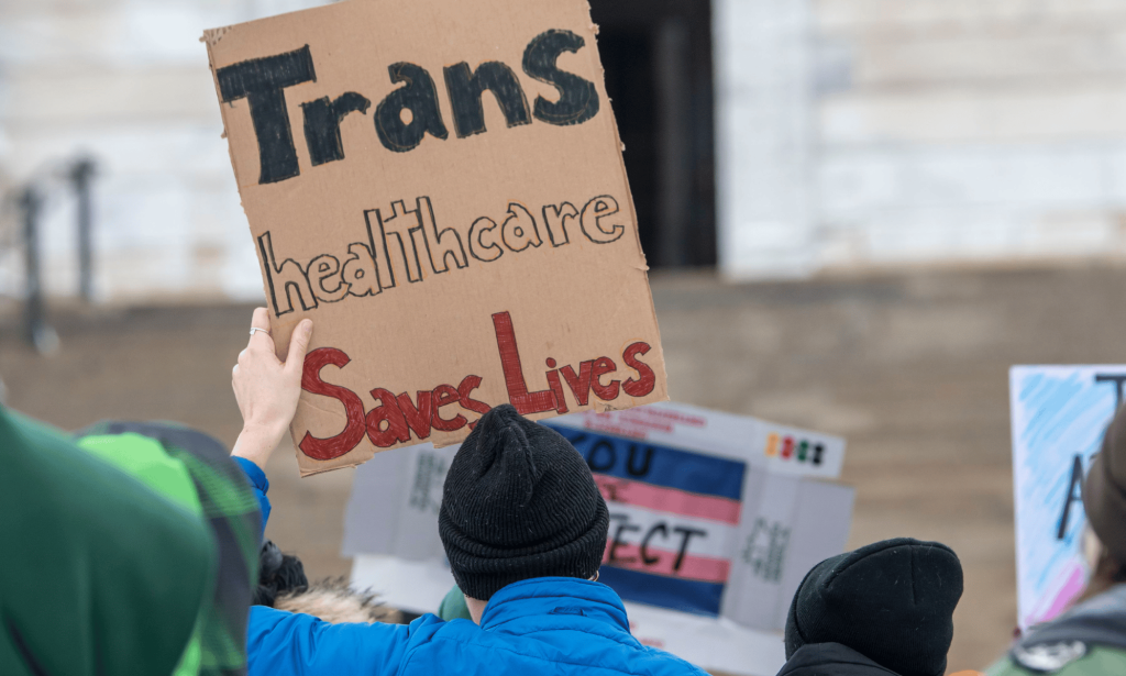 A person holds up a sign reading 'trans healthcare saves lives'