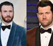 Billy Eichner wearing a tuxedo on the right and Chris Evans on the left