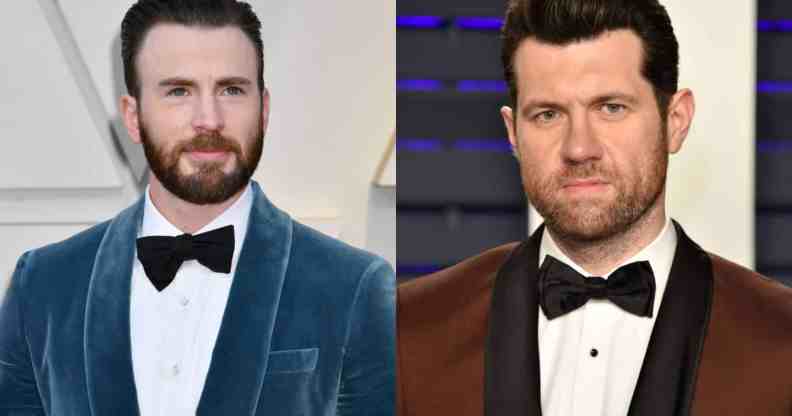 Billy Eichner wearing a tuxedo on the right and Chris Evans on the left