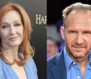 Two pictures show JK Rowling at a launch of Harry Potter and the Cursed Child and Ralph Fiennes at a film festival on the right.