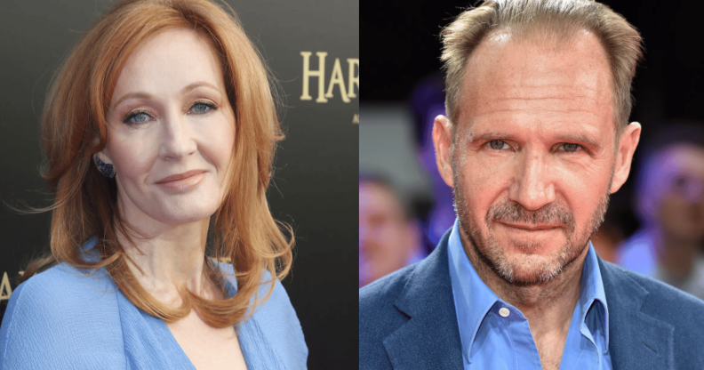 Two pictures show JK Rowling at a launch of Harry Potter and the Cursed Child and Ralph Fiennes at a film festival on the right.