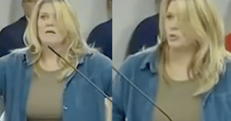 Side by side images of a woman passionately speaking at a podium during a Maury County library meeting