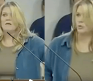 Side by side images of a woman passionately speaking at a podium during a Maury County library meeting