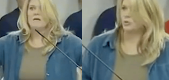 Side by side images of a woman passionately speaking at a podium during a Maury County library meeting