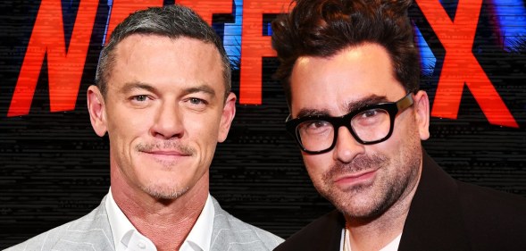 A Netflix promo of actor Luke Evans and actor-writer-director Dan Levy. (Getty)