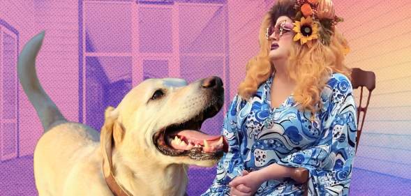 Photo of drag queen Miss Majesty Divine with a yellow Labrador