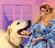 Photo of drag queen Miss Majesty Divine with a yellow Labrador
