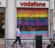 A Vodafone store with a Pride display in Greece