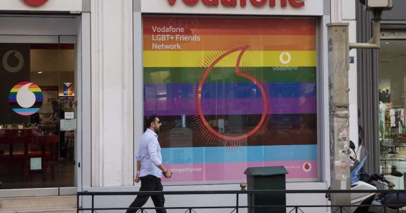 A Vodafone store with a Pride display in Greece