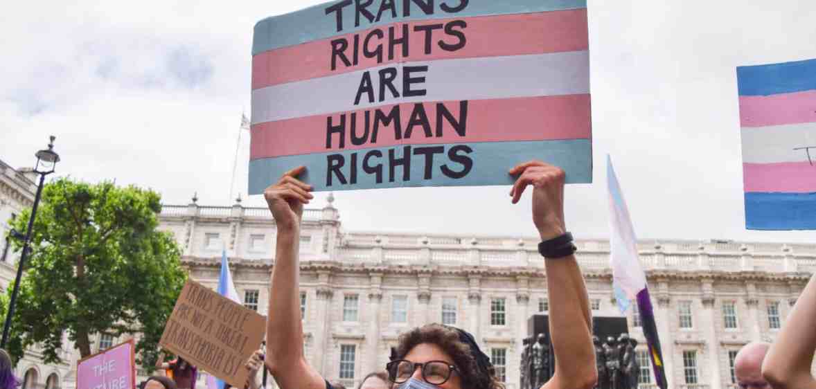 A protester holds a placard with the colours of the transgender flag saying trans rights are human rights