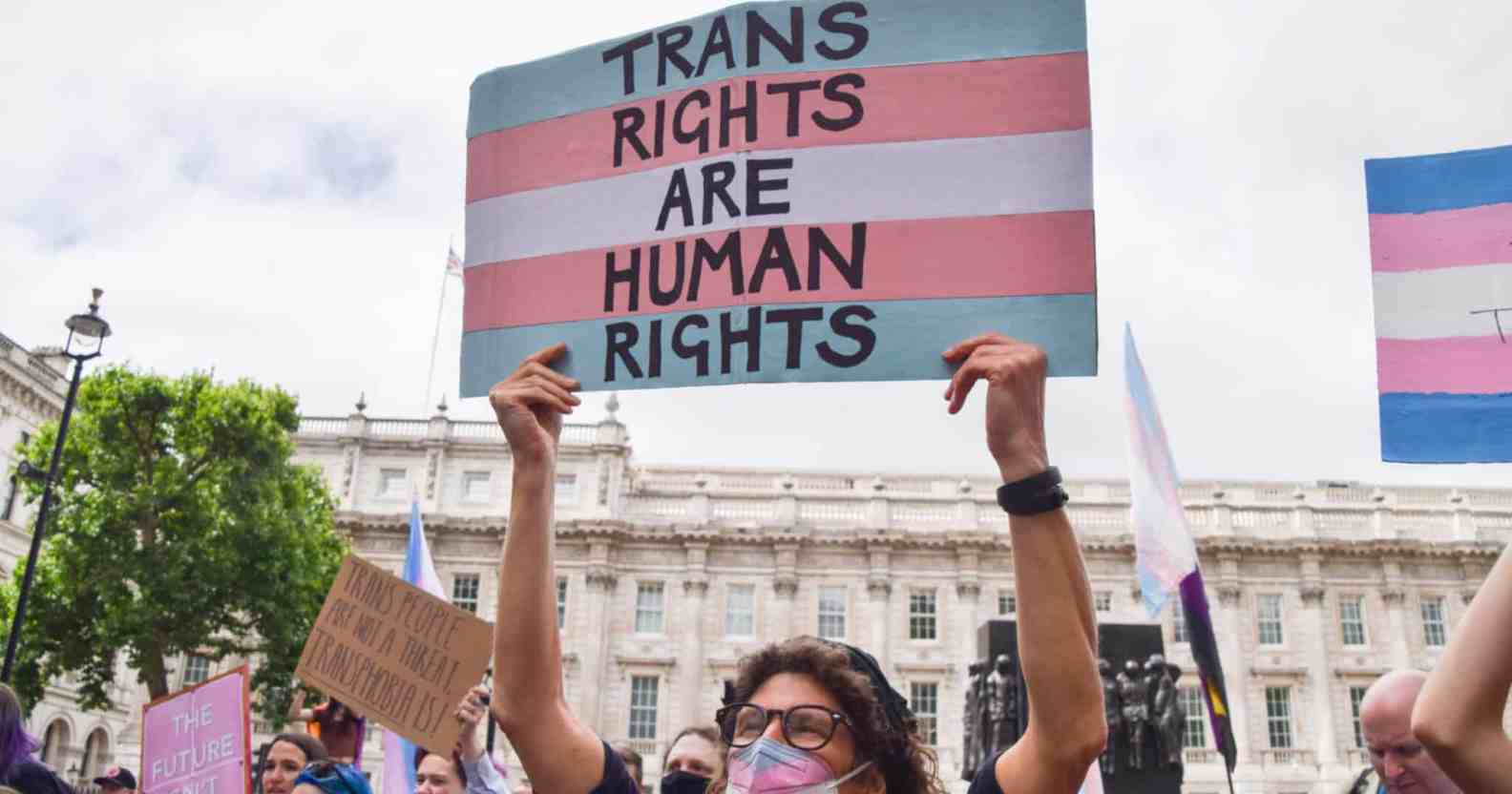 A protester holds a placard with the colours of the transgender flag saying trans rights are human rights