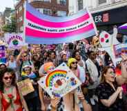 Thousands of people pass through Soho on a London Trans+ Pride march from the Wellington Arch.