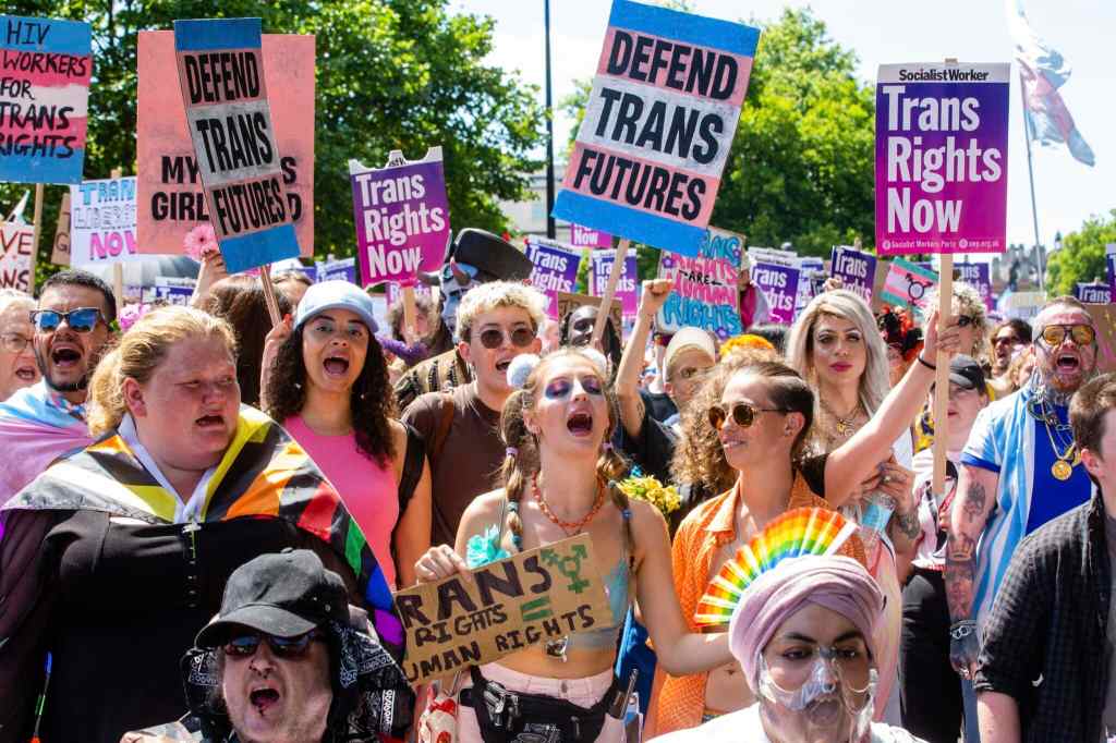 A large group of people holding pro-trans signs march through London during a Trans+ Pride march