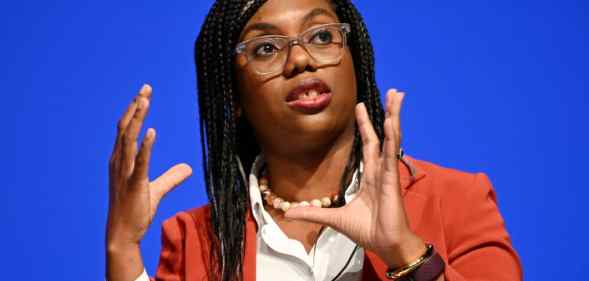 A photo of Kemi Badenoch speaking on day two of the annual Conservative Party conference on October 3, 2022.