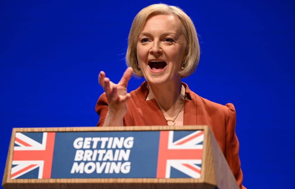 Britain's Prime Minister Liz Truss delivers her keynote address on the final day of the annual Conservative Party Conference.