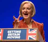 Britain's Prime Minister Liz Truss delivers her keynote address on the final day of the annual Conservative Party Conference.