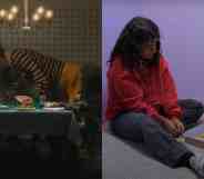 Giant Taylor Swift in Anti-Hero music video (L) and Manuela next to tiny cardboard house (R). (Taylor Swift/Manuela/YouTube