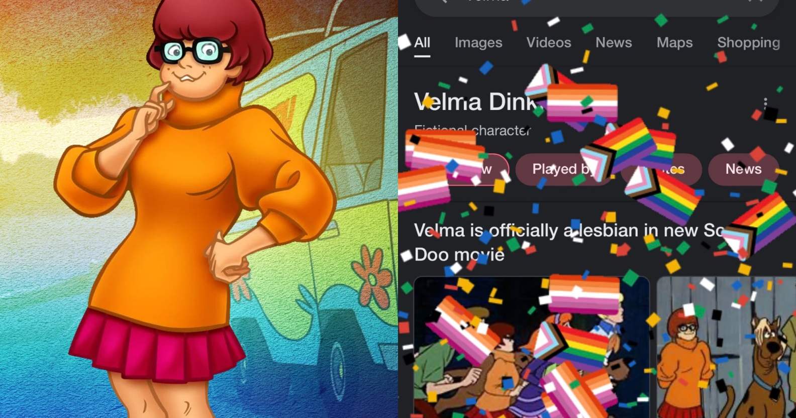 A split-screen image showing Scooby-Doo character Velma Dinkley next to a screenshot from a Google search of Velma with Pride and confetti graphics falling down