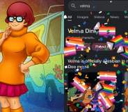 A split-screen image showing Scooby-Doo character Velma Dinkley next to a screenshot from a Google search of Velma with Pride and confetti graphics falling down