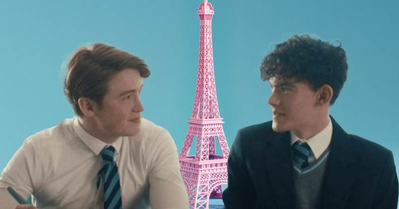 A graphic image shows actors Kit Connor and Joe Locke superimposed in front of a pink image of the Eiffel Tower