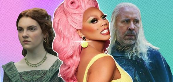 Collage of House of the Dragon's Alicent and King Viserys with RuPaul in full drag