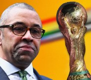 Collage of James Cleverly, the World Cup trophy and a rainbow