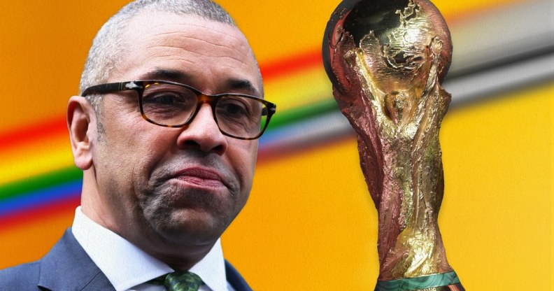 Collage of James Cleverly, the World Cup trophy and a rainbow