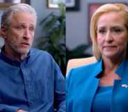 Jon Stewart on the left and Leslie Rutledge on the right.