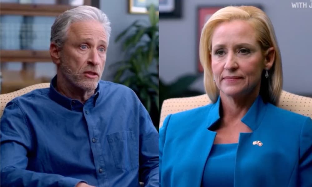 Jon Stewart on the left and Leslie Rutledge on the right.