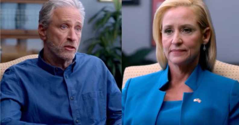 Jon Stewart on the left and Leslie Rutledge on the right.