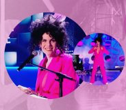 Photos of Jordan Gray in a pink suit, playing a piano, arranged in bubbles