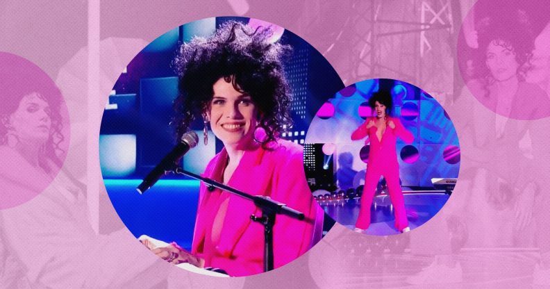 Photos of Jordan Gray in a pink suit, playing a piano, arranged in bubbles