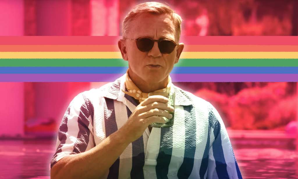 A graphic showing actor Daniel Craig as Knives Out character Benoit Blanc with rainbow pride colours superimposed in the background