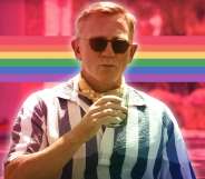 A graphic showing actor Daniel Craig as Knives Out character Benoit Blanc with rainbow pride colours superimposed in the background